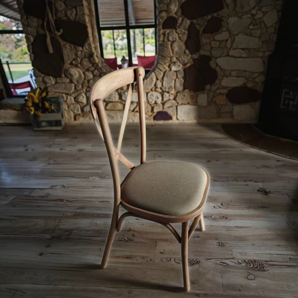Rustic Wooden Cross Back Chair with Cushion for Wedding and Dining